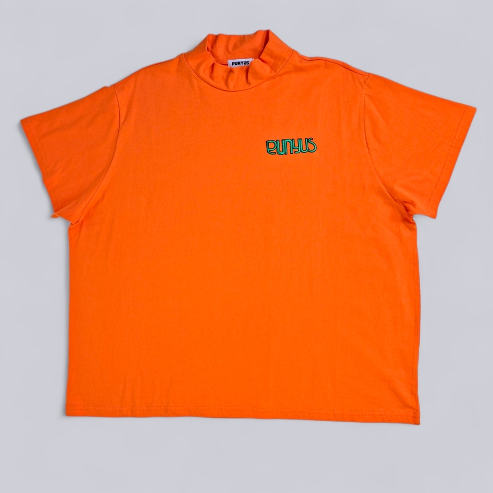 PUNYUS Embroidered Logo Mockneck T-Shirt Orange Oversized Fit Size 4 US XL-XXL
